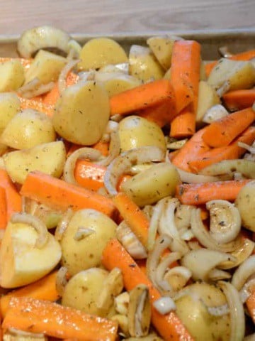 Sheet Pan of Balsamic Roasted Potatoes and Carrots.