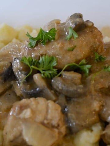 Pork stroganoff over German Spatzle noodles.