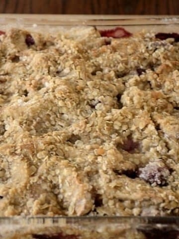 Oven baked pan of golden brown Oaty Fruit Crumble.